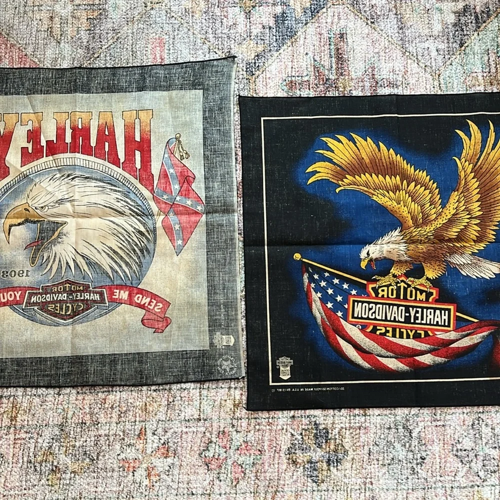 VTG Harley-Davidson Graphic Square Bandanas Eagle American Flags~Set of 2~Unisex